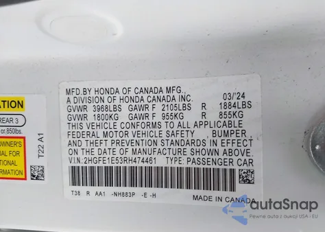 2024 Honda Civic Si Sedan z USA, uszkodzony, nr VIN 2HGFE1E53RH474461